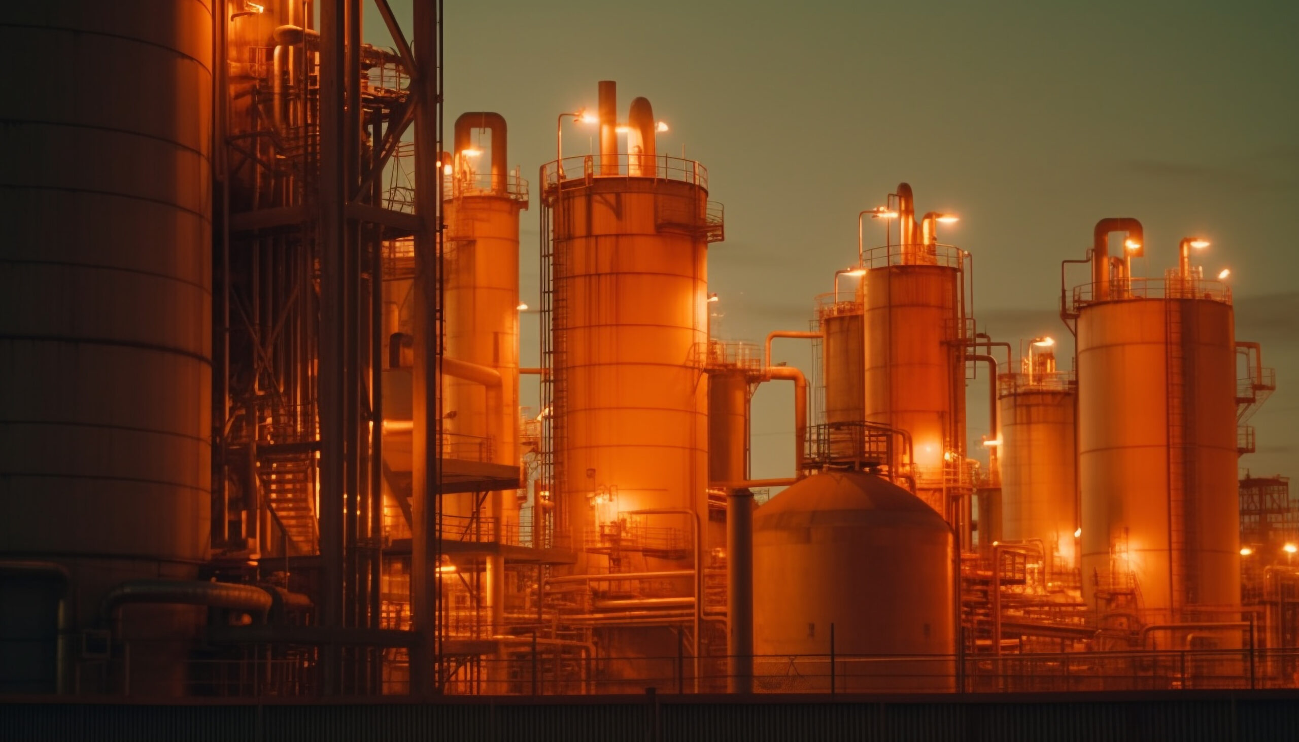 Refinery illuminates dusk with fuel storage tanks generated by artificial intelligence