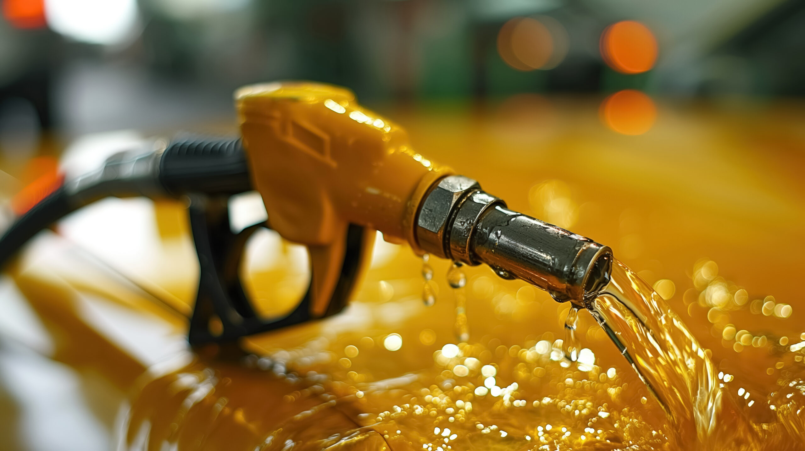 Gasoline pump nozzle pouring fuel, with droplets splashing, highlighting the theme of energy, fuel consumption, and the impact on the environment.