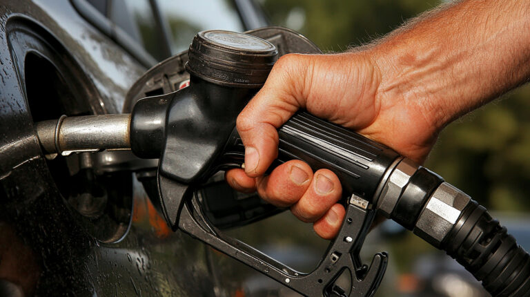 Closeup male hand giving thumbsup while refueling car