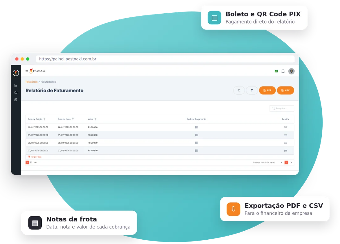 Relatório de faturamento da frota com boleto, PIX e exportação