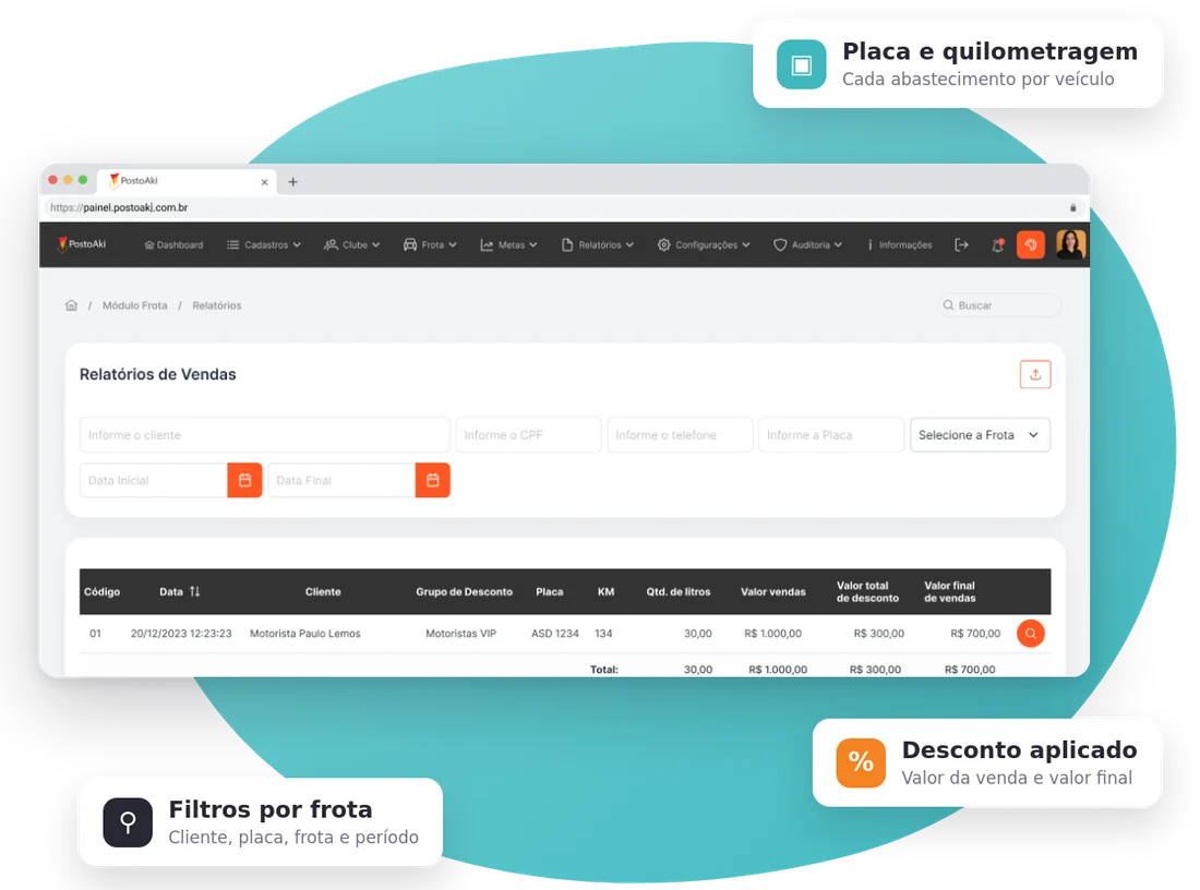 Relatório de vendas da frota com placa, desconto e filtros