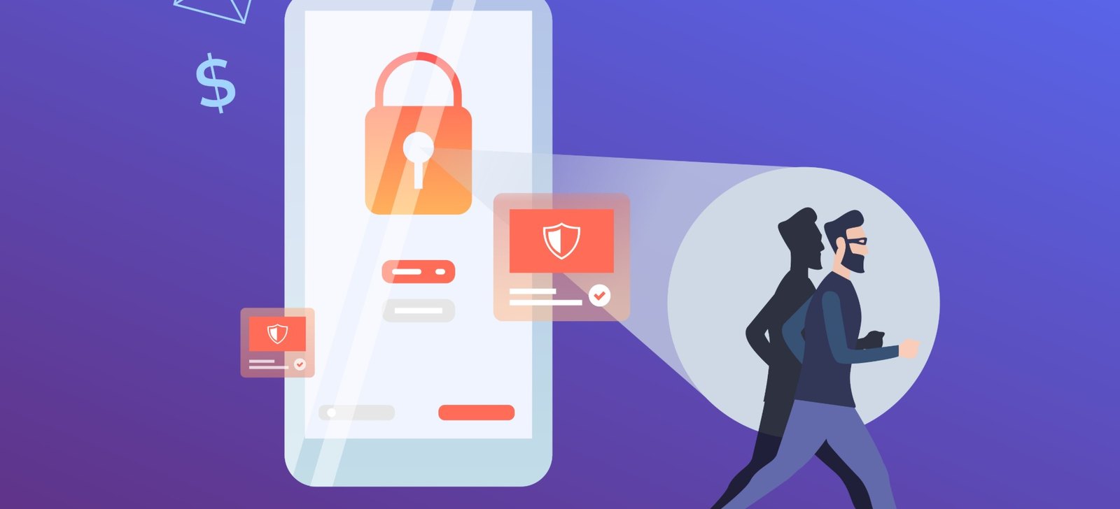Ilustração de celular protegido por cadeado e fraudador identificado pelo Antifraude