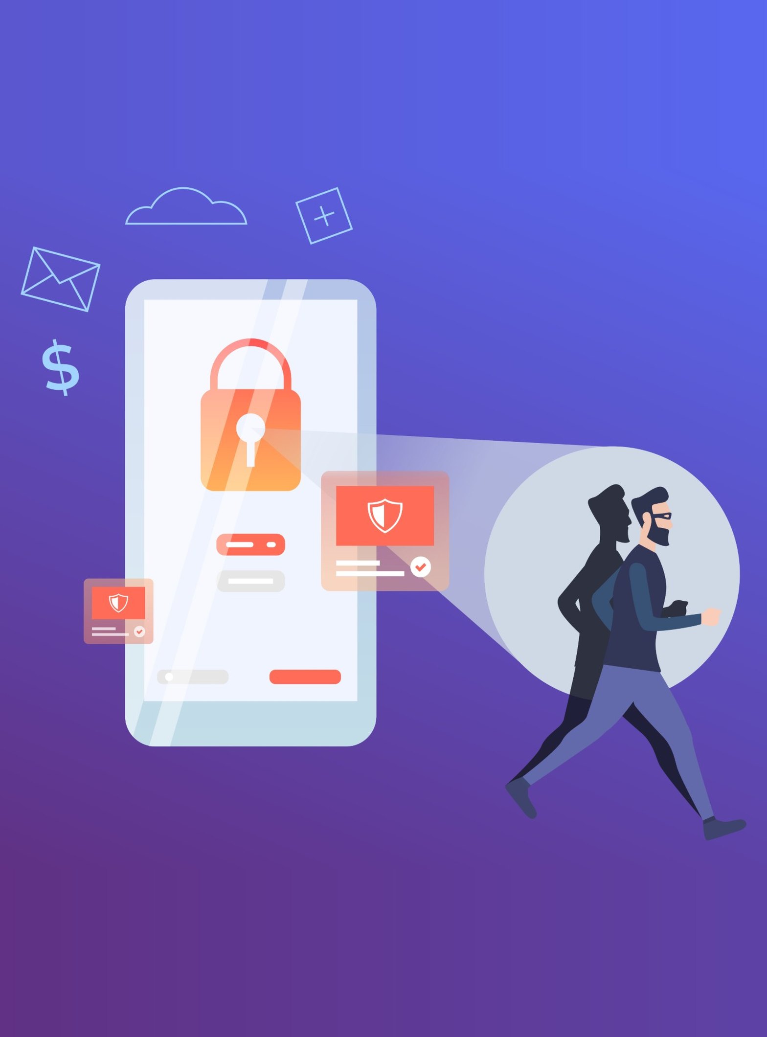Ilustração de celular protegido por cadeado e fraudador identificado pelo Antifraude